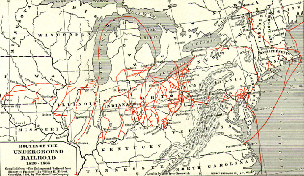 An old map showing Routes of the Underground Railroad