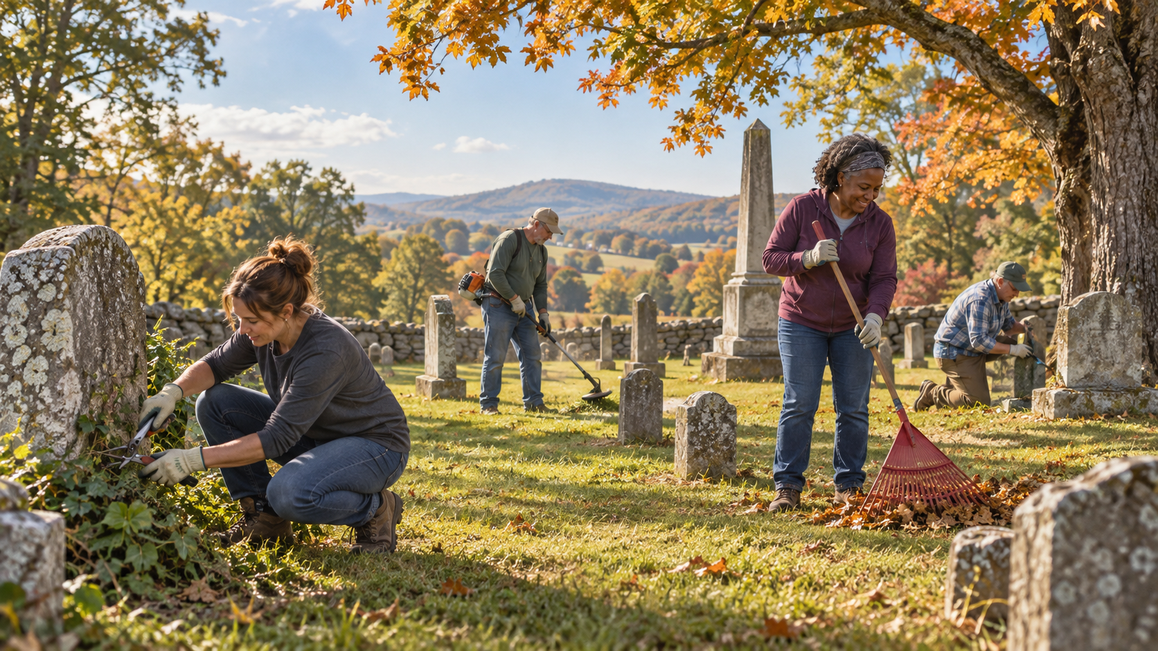 Generated image of people cleaning an old cemetery.